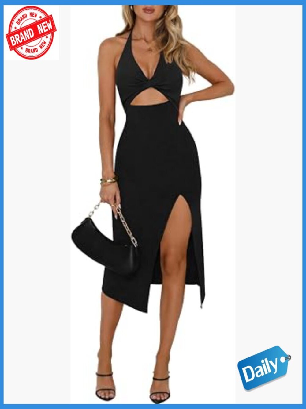 Sexy Halter Deep V Neck Cutout Twist Front Backless Side Slit Bodycon Midi Dress